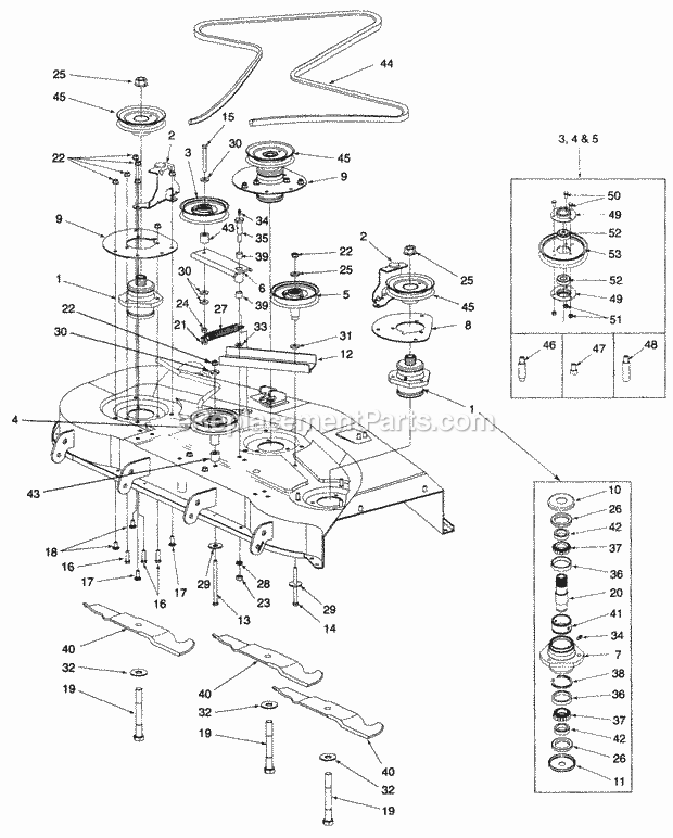 48" Deck Drive And Spindle Assembly Diagram and Parts List for Z48L 53AC365M100, 53BA1D5M100 Cub Cadet Lawn Mower